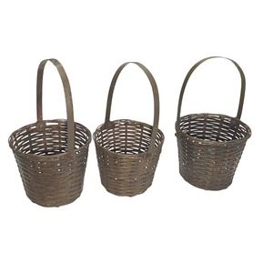 VINTAGE metal baskets patina brass color braided working hinged handles set 3